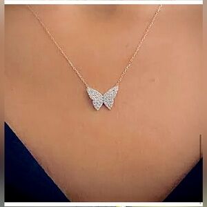 New Dainty Sterling Silver & Austrian Crystal Pave Butterfly Necklace